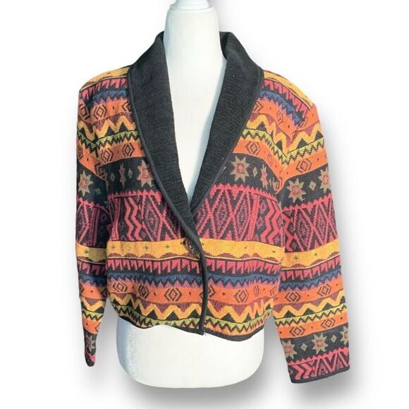 Vintage Blazer Jacket Southwestern Aztec Print Boxy Cropped Black Shawl Collar - Picture 4 of 11